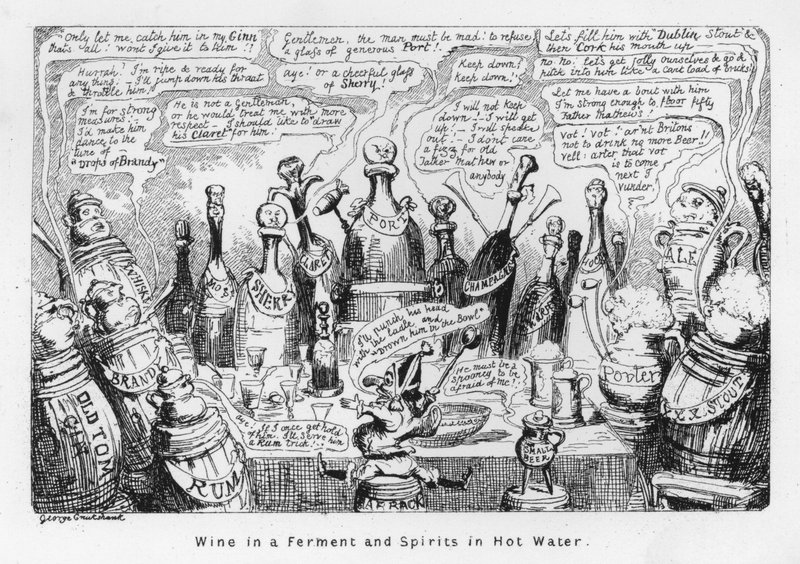 Vin i gæring og spiritus i varmt vand (gravering) af George Cruikshank