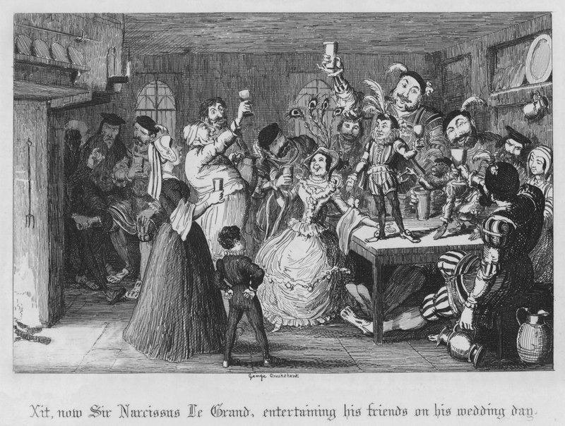 Xit, nu Sir Narcissus Le Grand, underholder sine venner på sin bryllupsdag (gravering) af George Cruikshank