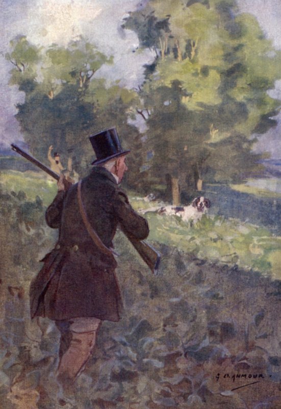 Gammeldags agerhøneskydning (farve litho) af George Denholm Armour