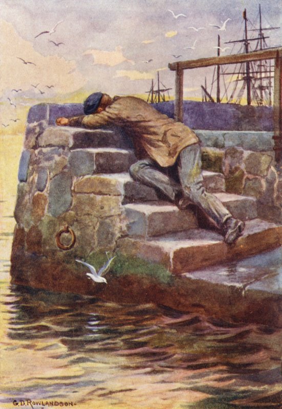 Anstrengelserne opbrugte hans kræfter (farvelitografi) af George Derville (after) Rowlandson