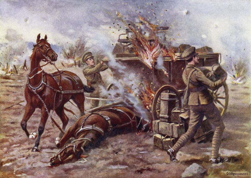 Fungerende Bombardier H A Creasey assisterede med at losse en brændende ammunitionsvogn under meget kraftig granatild, Potijze, nær Ypres, 25. april 1915 af George Derville Rowlandson
