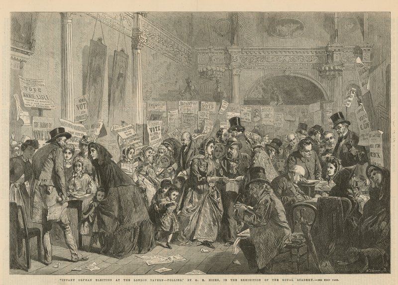 Valg af forældreløse spædbørn i London Tavern (gravering) af George Elgar Hicks