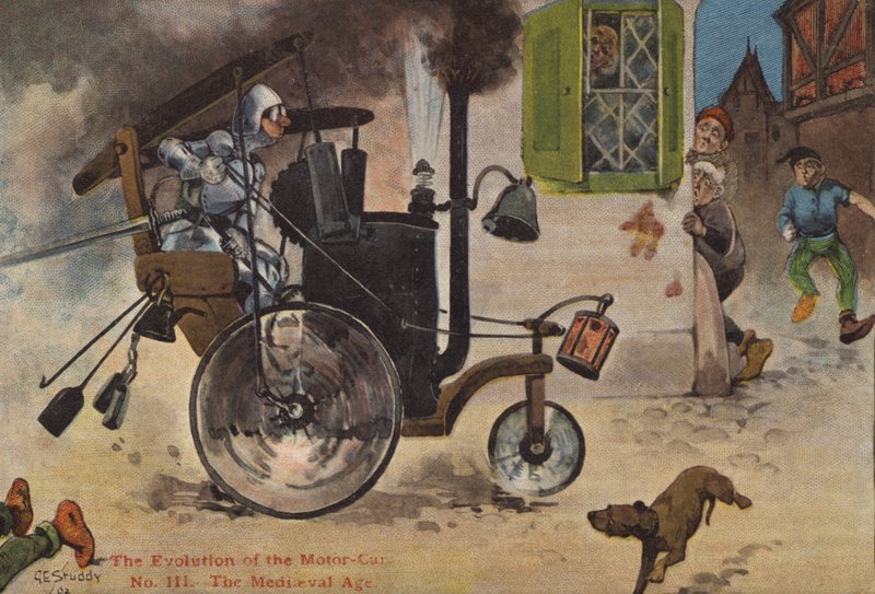 Udviklingen af motorbilen: middelalderen (farve litho) af George Ernest (after) Studdy