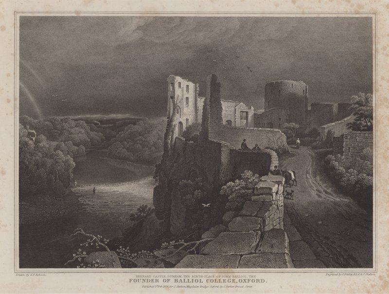 Barnard Castle, Durham, fødested for John Balliol, grundlægger af Balliol College, Oxford (gravering) af George Fennel (after) Robson
