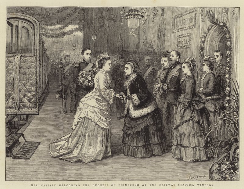 Hendes Majestæt byder hertuginden af Edinburgh velkommen på jernbanestationen i Windsor af George Goodwin Kilburne