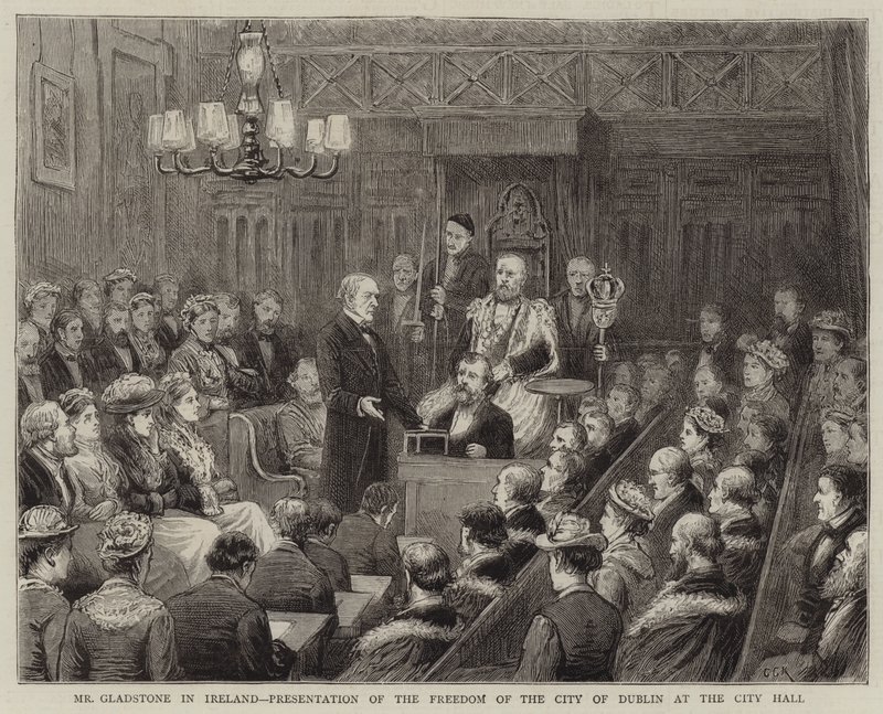 Gladstone i Irland, overrækkelse af byens frihed i Dublin på rådhuset af George Goodwin Kilburne