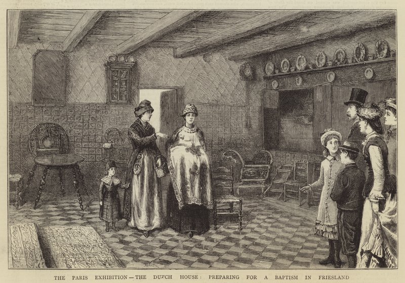 Paris-udstillingen, det hollandske hus, forberedelse til en dåb i Friesland af George Goodwin Kilburne