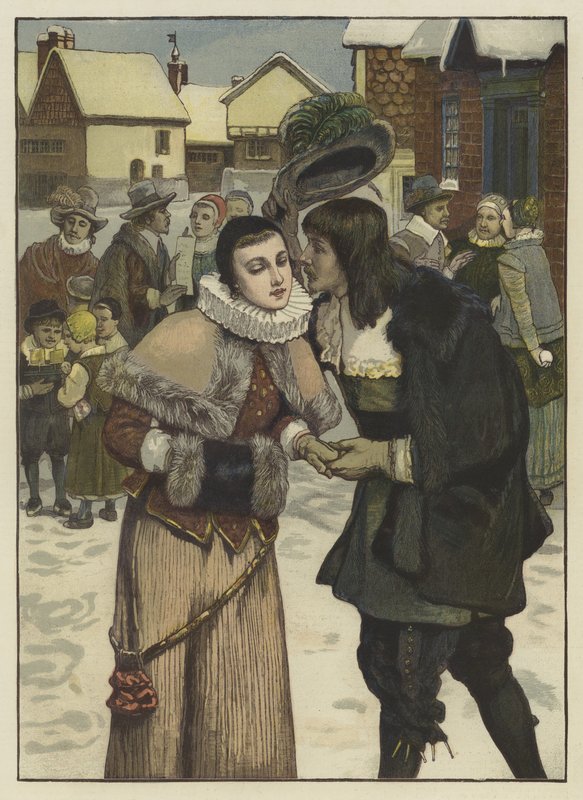 Nytårsdag i det gamle New York (farvet gravering) af George Henry (after) Boughton