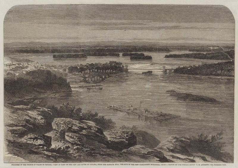 Fremskridt for prinsen af Wales i Canada, udsigt over en del af byen og floden Ottawa, fra Barrack Hill, stedet for de nye parlamentsbygninger af George Henry Andrews