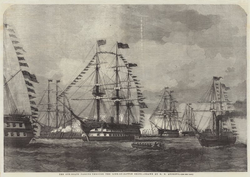 Gun-Boats, der passerer gennem Line-of-Battle-skibene af George Henry Andrews