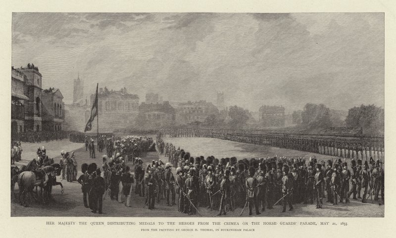 Hendes Majestæt Dronningen uddeler medaljer til heltene fra Krim på hestevagtens parade, 21. maj 1855 af George Housman Thomas