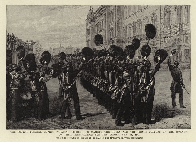 Den skotske füsiliergarde i parade foran Hendes Majestæt Dronningen og Prinsgemalen om morgenen ved deres afrejse til Krim, 28. februar 1854 af George Housman Thomas