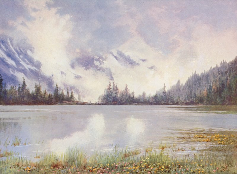 Lac Champex i skyland i slutningen af maj; Caltha palustris og Primula farinosa ved vandkanten (farvelitografi) af George Jackson Flemwell