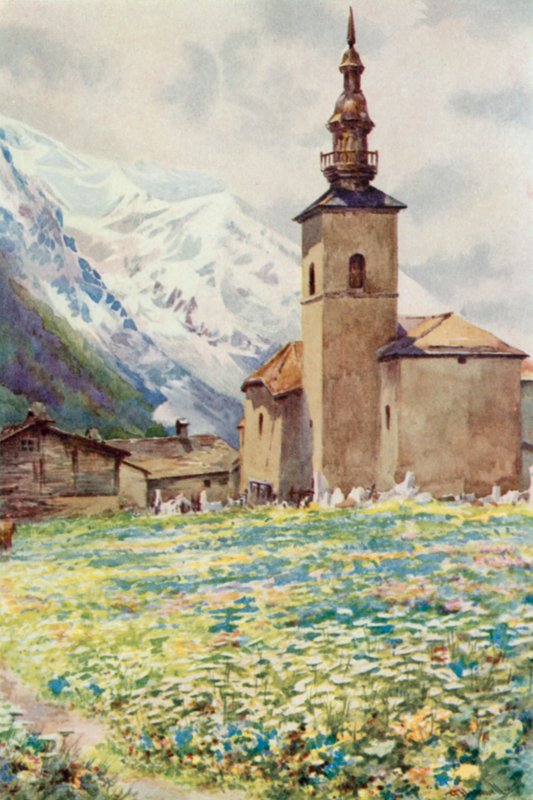 Mont Blanc og Argentiere-kirken (farve litho) af George Jackson Flemwell