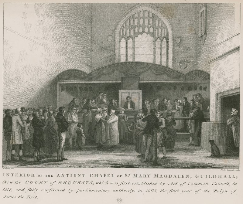 Interiør af det gamle kapel St Mary Magdalene, Guildhall (gravering) af George Jones