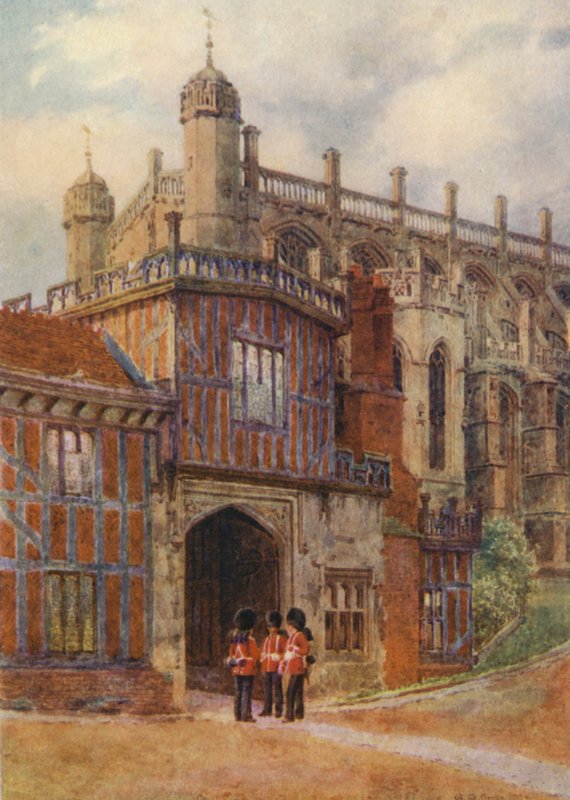 Indgang til Horseshoe Cloisters (farvelitografi) af George Moore Henton