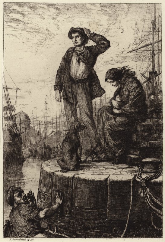 En ung emigrantfamilie venter ved havnen af George Percy Jacomb Hood