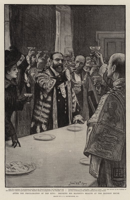Efter Kongens Forkyndelse drikker Hans Majestæts Helbred paa Palæet af George Percy Jacomb Hood