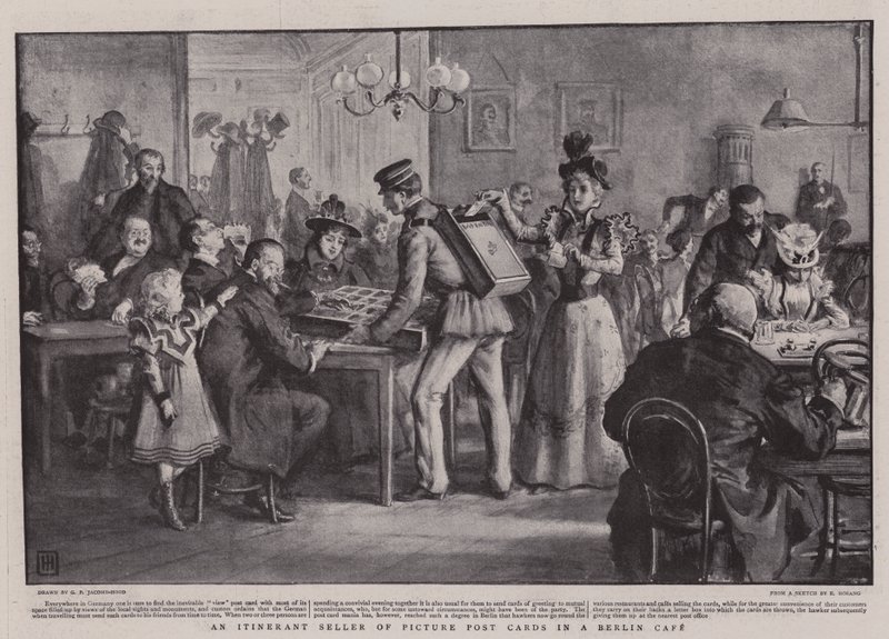 En omrejsende sælger af billedpostkort på en café i Berlin af George Percy Jacomb Hood