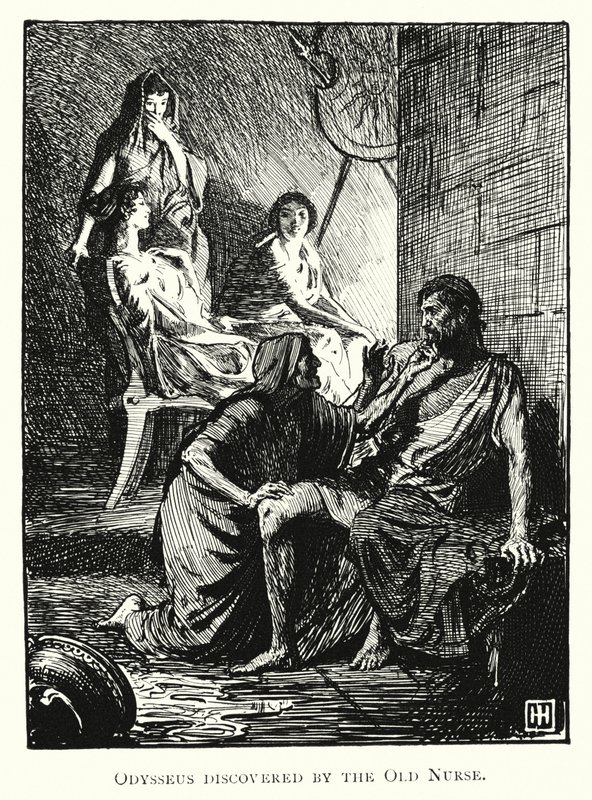 Odyssey: Odysseus opdaget af den gamle sygeplejerske (gravering) af George Percy Jacomb Hood