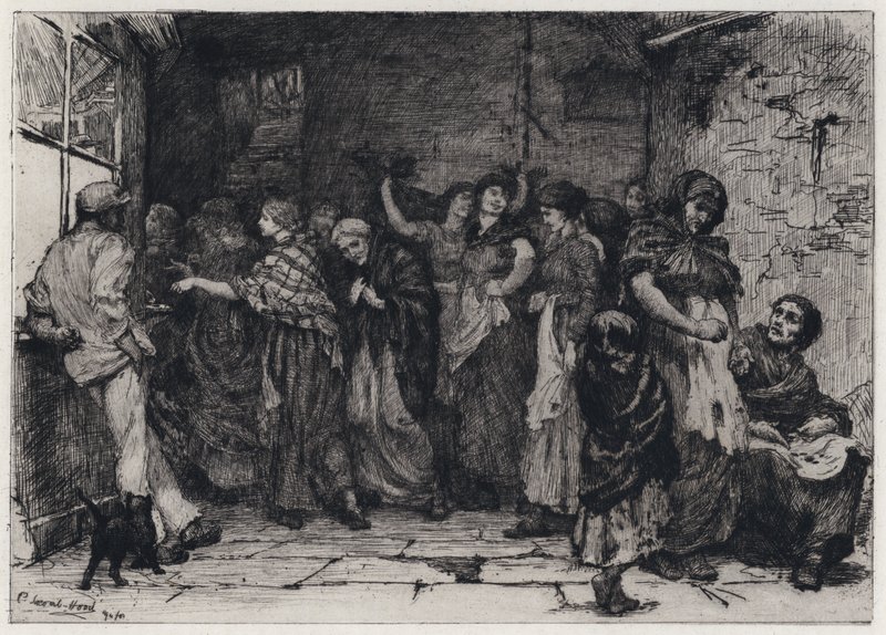 Lønningsdag i en bomuldsmølle (ætsning) af George Percy Jacomb Hood