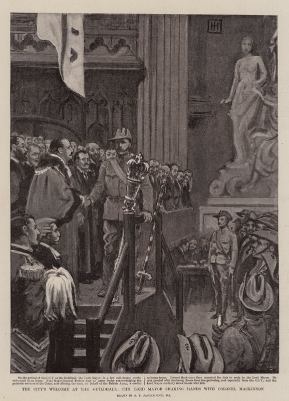 Byens velkomst i Guildhall, overborgmesteren giver hånd med oberst Mackinnon af George Percy Jacomb Hood
