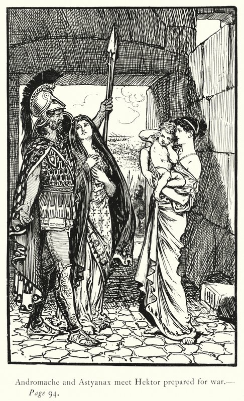 Iliaden: Andromache og Astyanax møder Hektor forberedt til krig (gravering) af George Percy Jacomb Hood