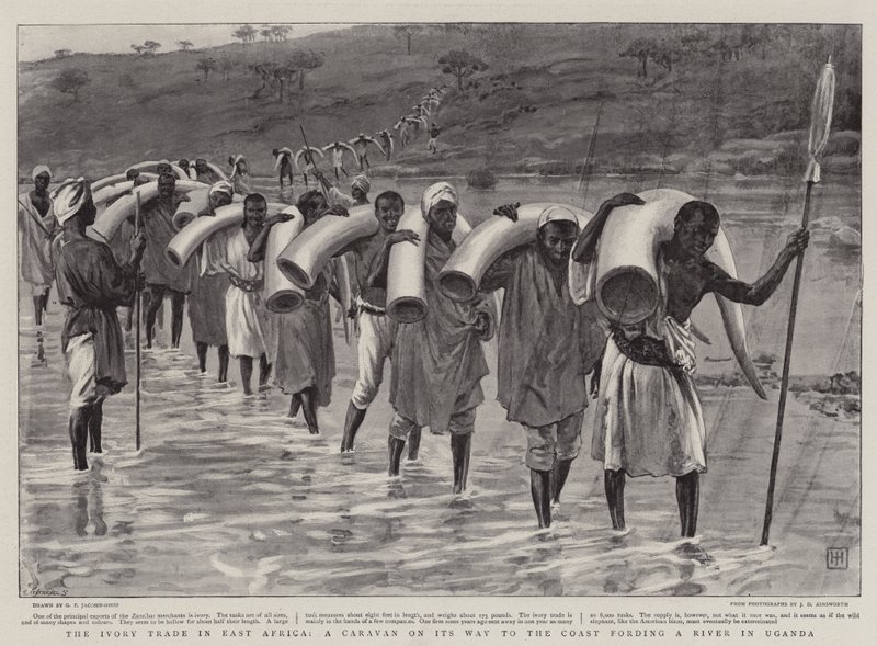 Elfenbenshandelen i Østafrika, en karavane på vej til kysten, der gennemser en flod i Uganda af George Percy Jacomb Hood