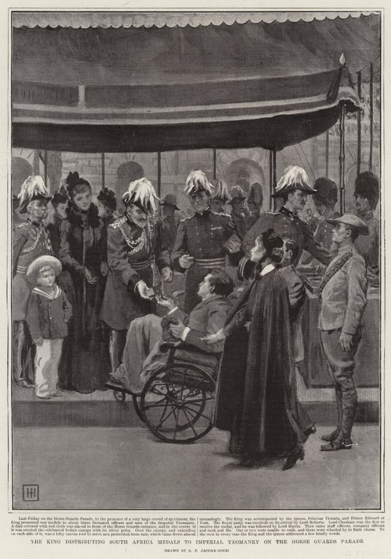 Kongen uddeler Sydafrika-medaljer til det kejserlige Yeomanry på Horse Guards Parade af George Percy Jacomb Hood