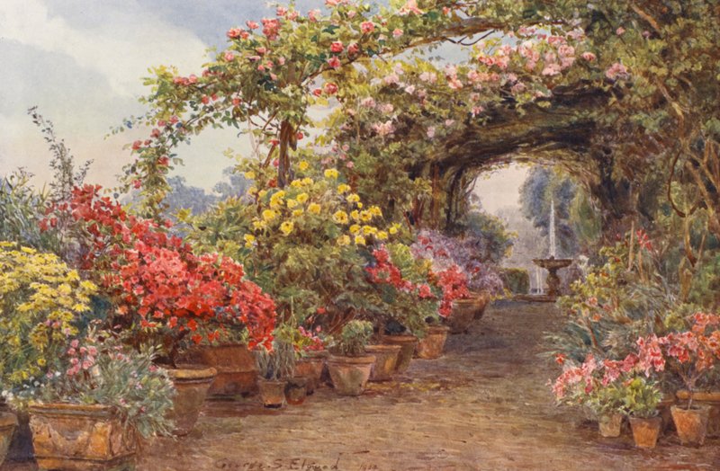 Italienske haver: En florentinsk terrasse (farvelitografi) af George Samuel Elgood