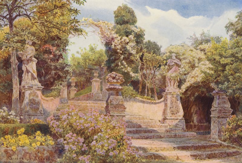 Italienske haver: En trappe, Villa Arson (farvelitografi) af George Samuel Elgood