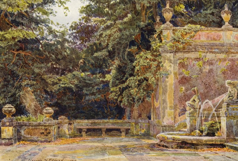 Italienske haver: Ved foden af kaskaden, Villa Corsini (farvelitografi) af George Samuel Elgood