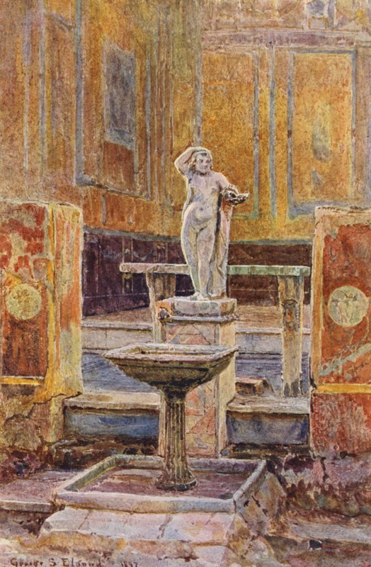 Italienske haver: Huset med den hængende balkon, Pompeji (farvelitografi) af George Samuel Elgood