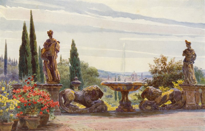 Italienske haver: Firenze fra Villa Palmieri (farvelitografi) af George Samuel Elgood