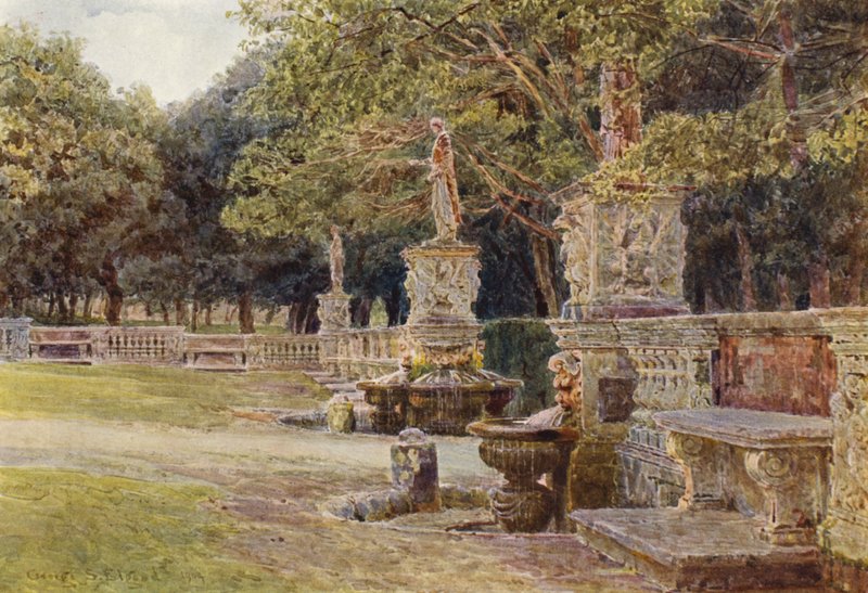 Italienske haver: Forplads, Villa Borghese (farvelitografi) af George Samuel Elgood