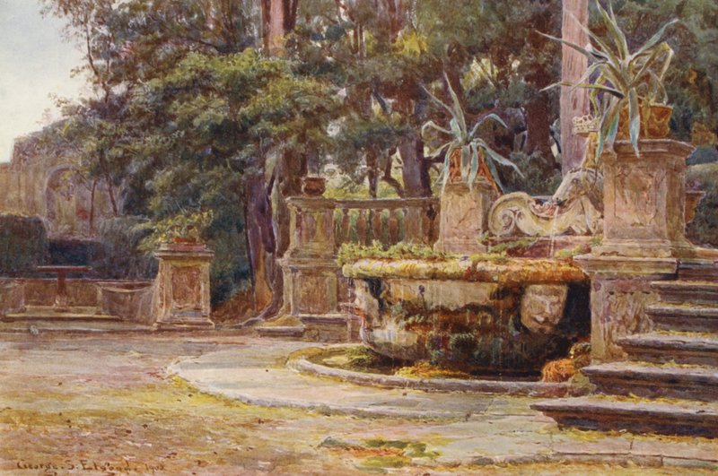 Italienske haver: Fontæne, Villa Corsini (farvelitografi) af George Samuel Elgood