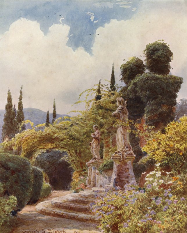 Italienske haver: Port, Villa Arson (farvelitografi) af George Samuel Elgood