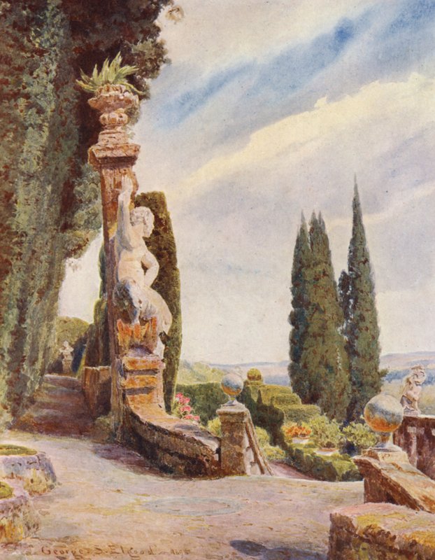 Italienske haver: Hovedet af den store trappe, Villa Garzoni (farvelitografi) af George Samuel Elgood