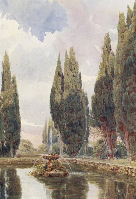 Italienske haver: Il Laghetto, Villa Falconieri (farvelitografi) af George Samuel Elgood