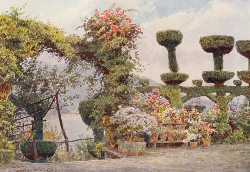 Italienske haver: La Badia, klosterets forgård (farvelitografi) af George Samuel Elgood