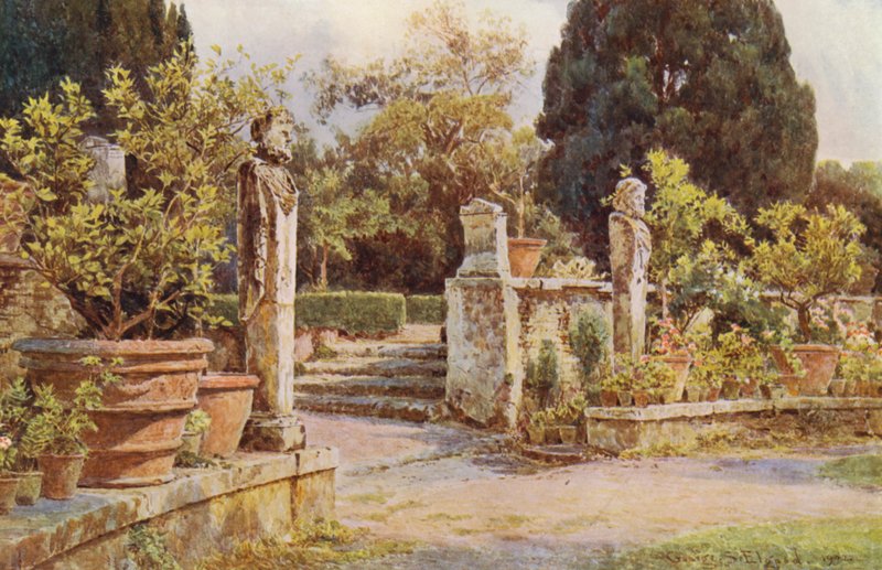 Italienske haver: Terminalstatuer, Villa Piatti (farvelitografi) af George Samuel Elgood