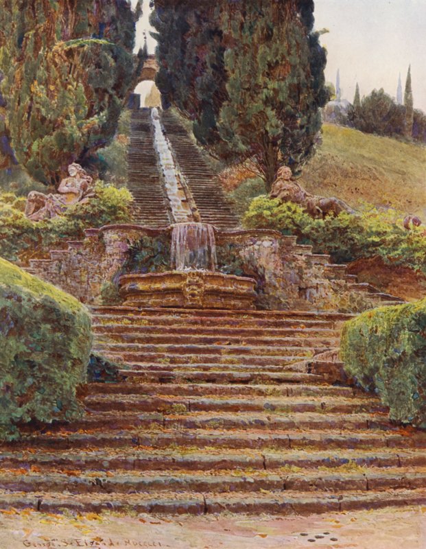 Italienske haver: Kaskaden, Villa Cicogna (farvelitografi) af George Samuel Elgood
