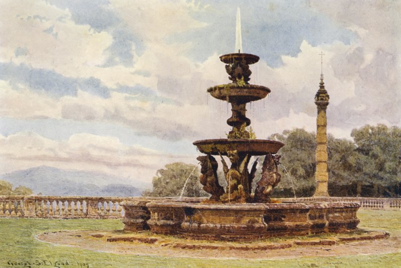 Italienske haver: Drage-fontænen, Villa Mondragone (farvelitografi) af George Samuel Elgood