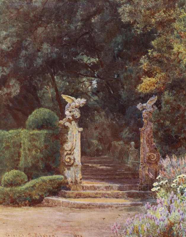 Italienske haver: Drageporten, Villa Garzoni (farvelitografi) af George Samuel Elgood