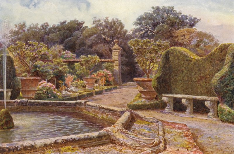 Italienske haver: Fontænen, Villa di Caniparola (farvelitografi) af George Samuel Elgood