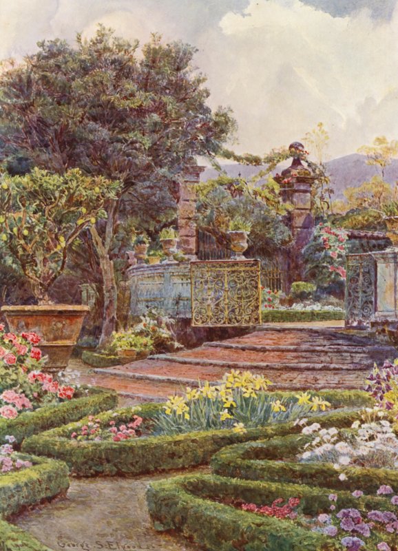Italienske haver: Haveporten, Villa di Caniparola (farvelitografi) af George Samuel Elgood