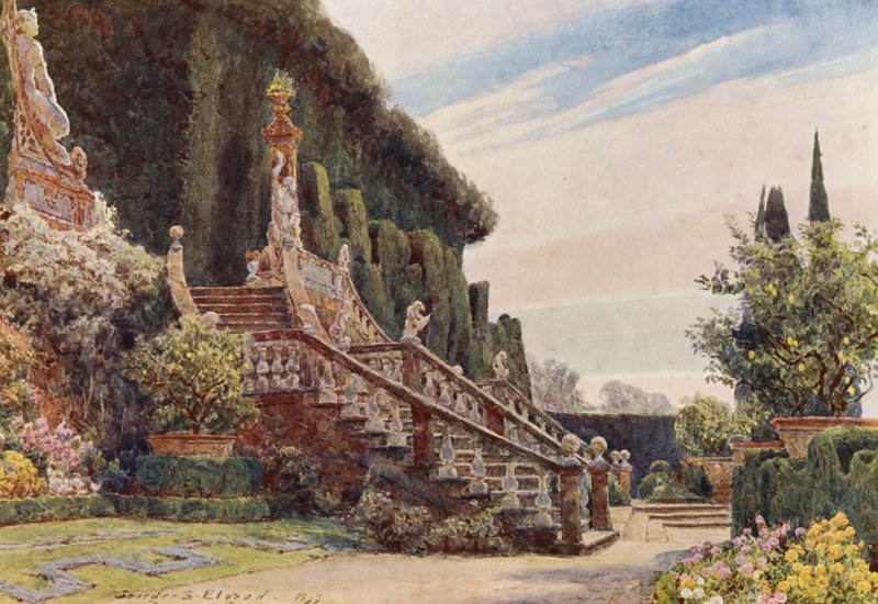 Italienske haver: Den store trappe, Villa Garzoni (farvelitografi) af George Samuel Elgood