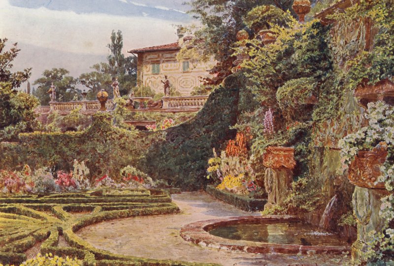 Italienske haver: Palazzoet fra Parterre, Villa Palmieri (farvelitografi) af George Samuel Elgood