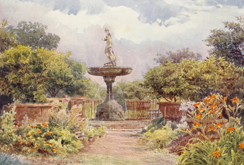 Italienske haver: Villa Amari, Fontænen (farvelitografi) af George Samuel Elgood