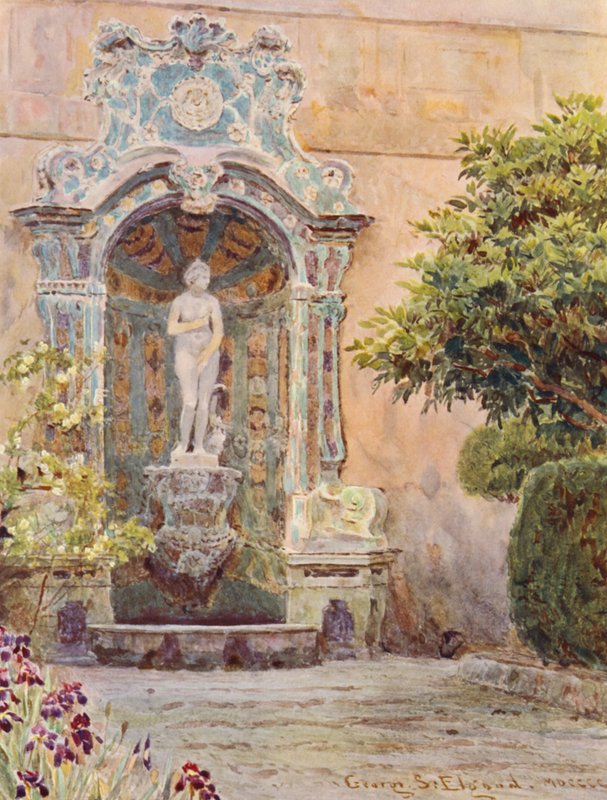 Italienske haver: Villa Arson, Venus-fontænen (farvelitografi) af George Samuel Elgood